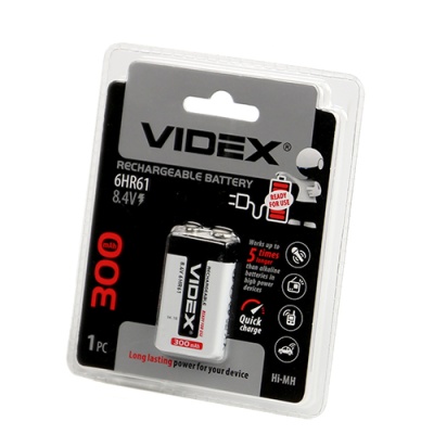 Аккумулятор Videx 6HR61 300mAh (крона) (1/12/96) (LSD, низк. самозаряд)